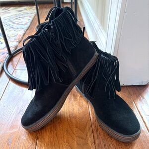 Aerosoles Black Suede Good Fun Fringe Ankle Boots